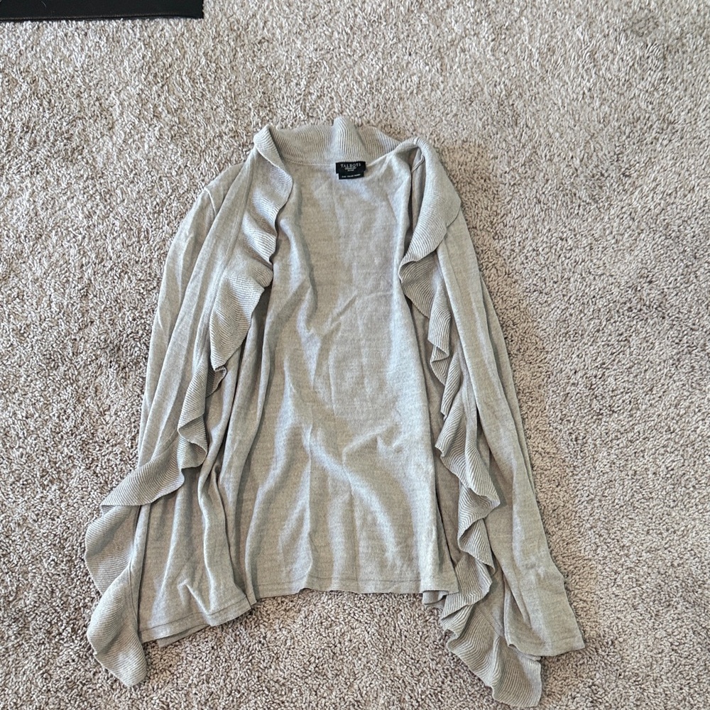 Talbots Light Gray Ruffle-Trim Open Cardigan